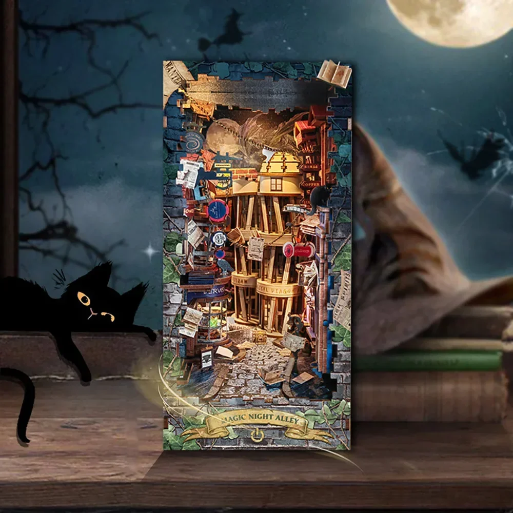 Diy Wooden Book Nook Kit Shelf Insert - Retro DIY Magiczna Ulica Nocna Drewniany